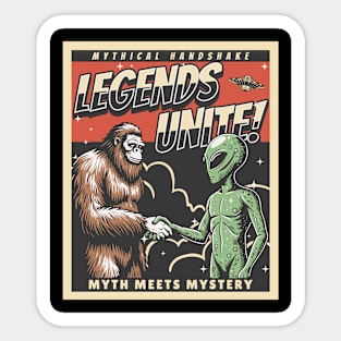 Myth Meets Mystery Bigfoot And Alien Sticker